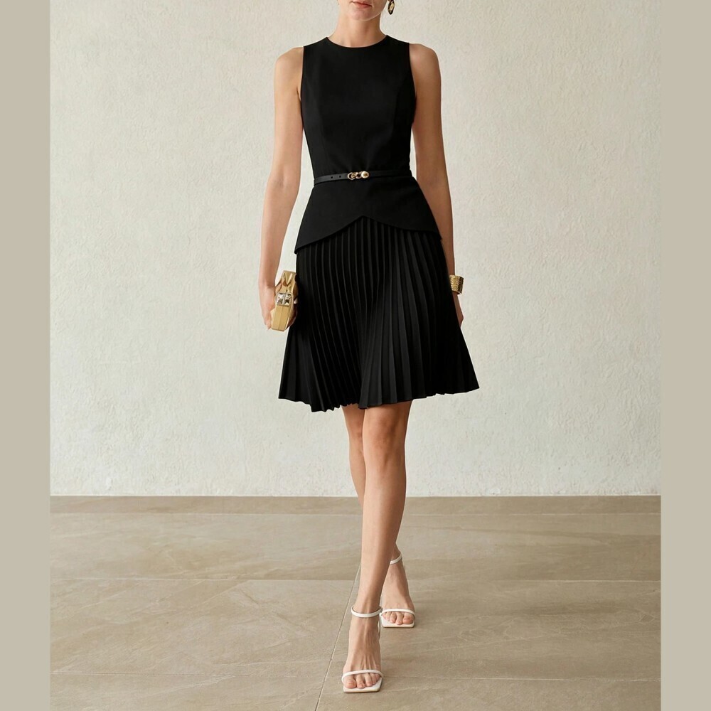 Black Sleeveless Pleated Peplum Waist Mini Dress